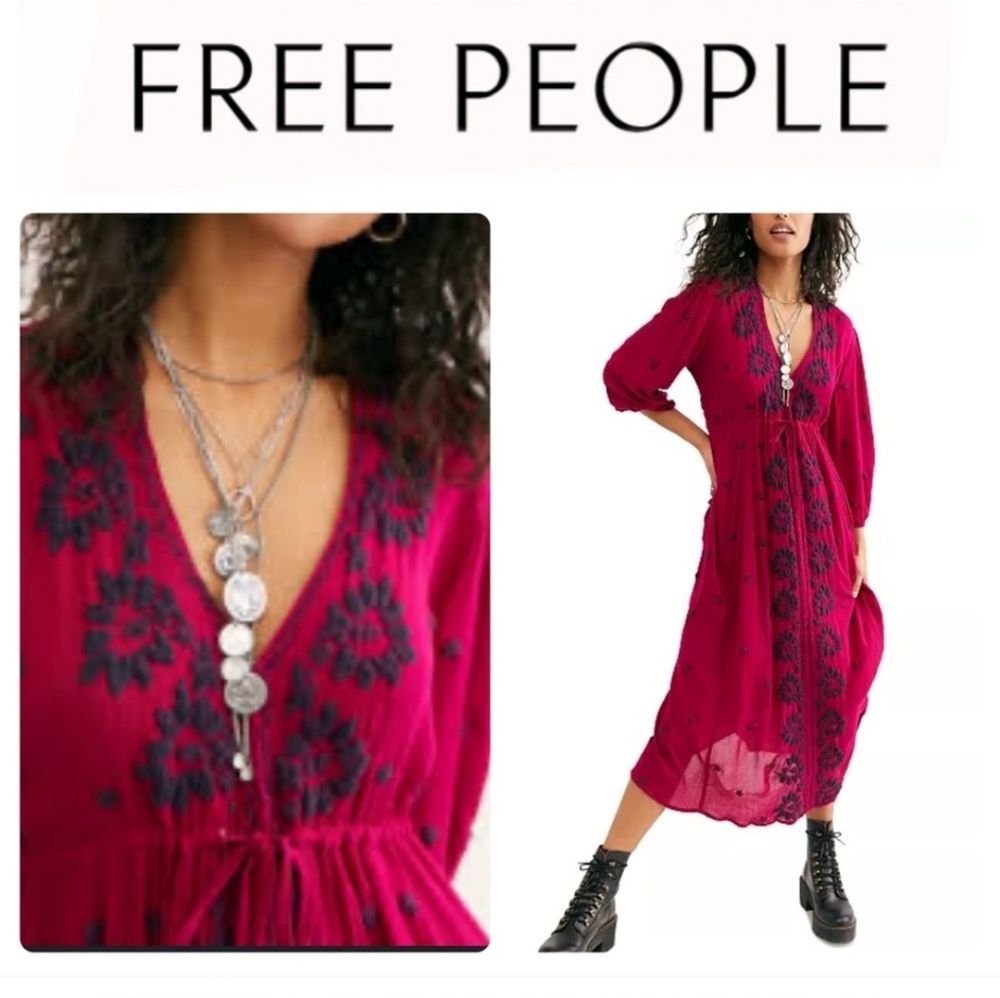 Free People Fable Magenta Combo Maxi Embroidered Dress MEDIUM